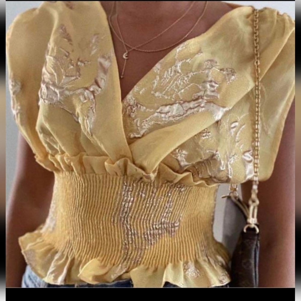 ZARA limited edition yellow v neck smocked top